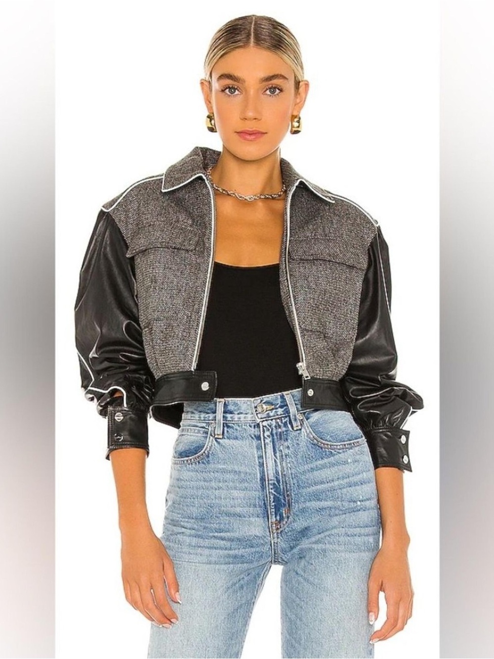 Lamarque Cropped Two-Tone Jacket in Charcoal & Black
